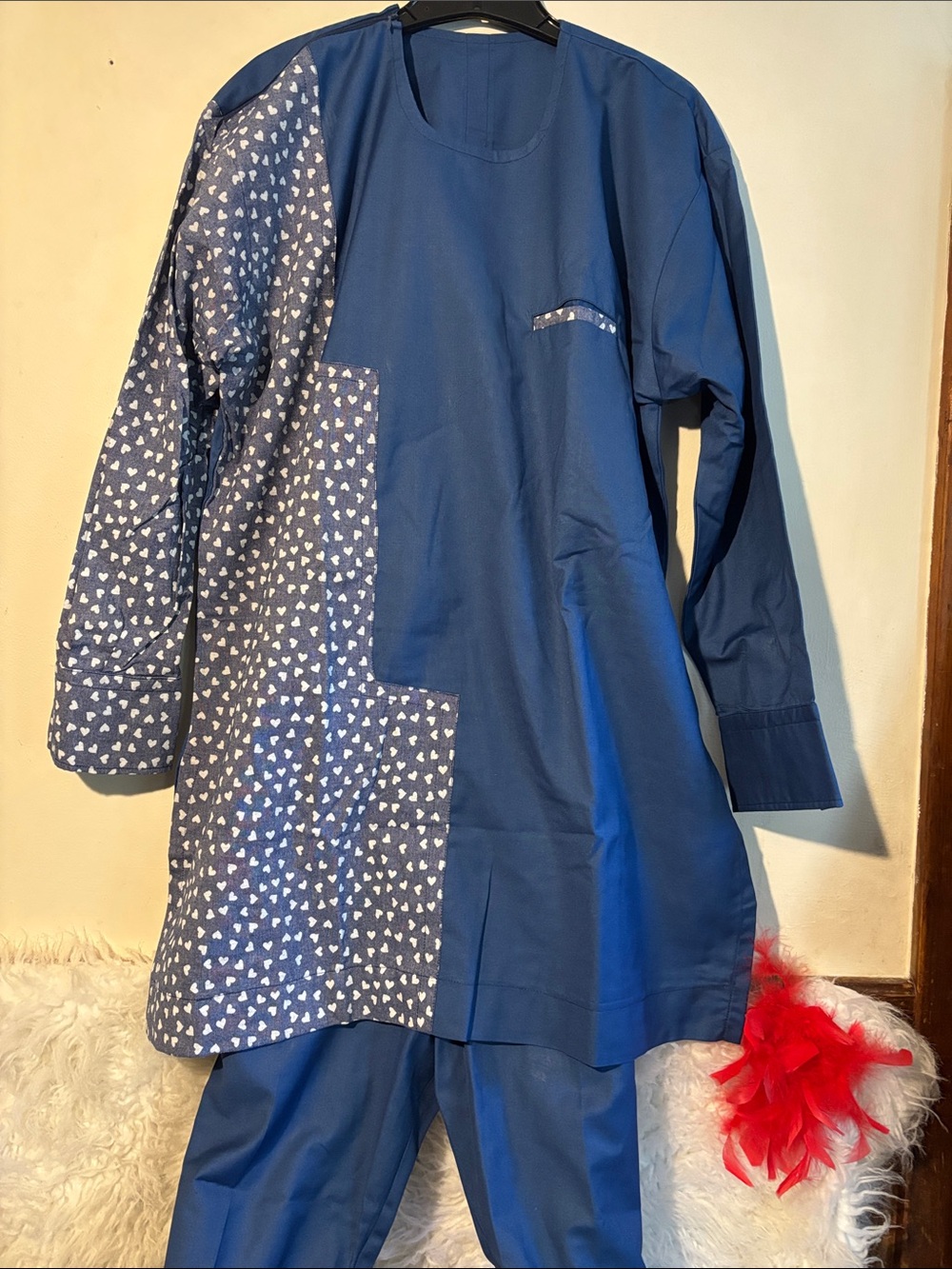 Men's Blue Patchwork Agbada-Style Set